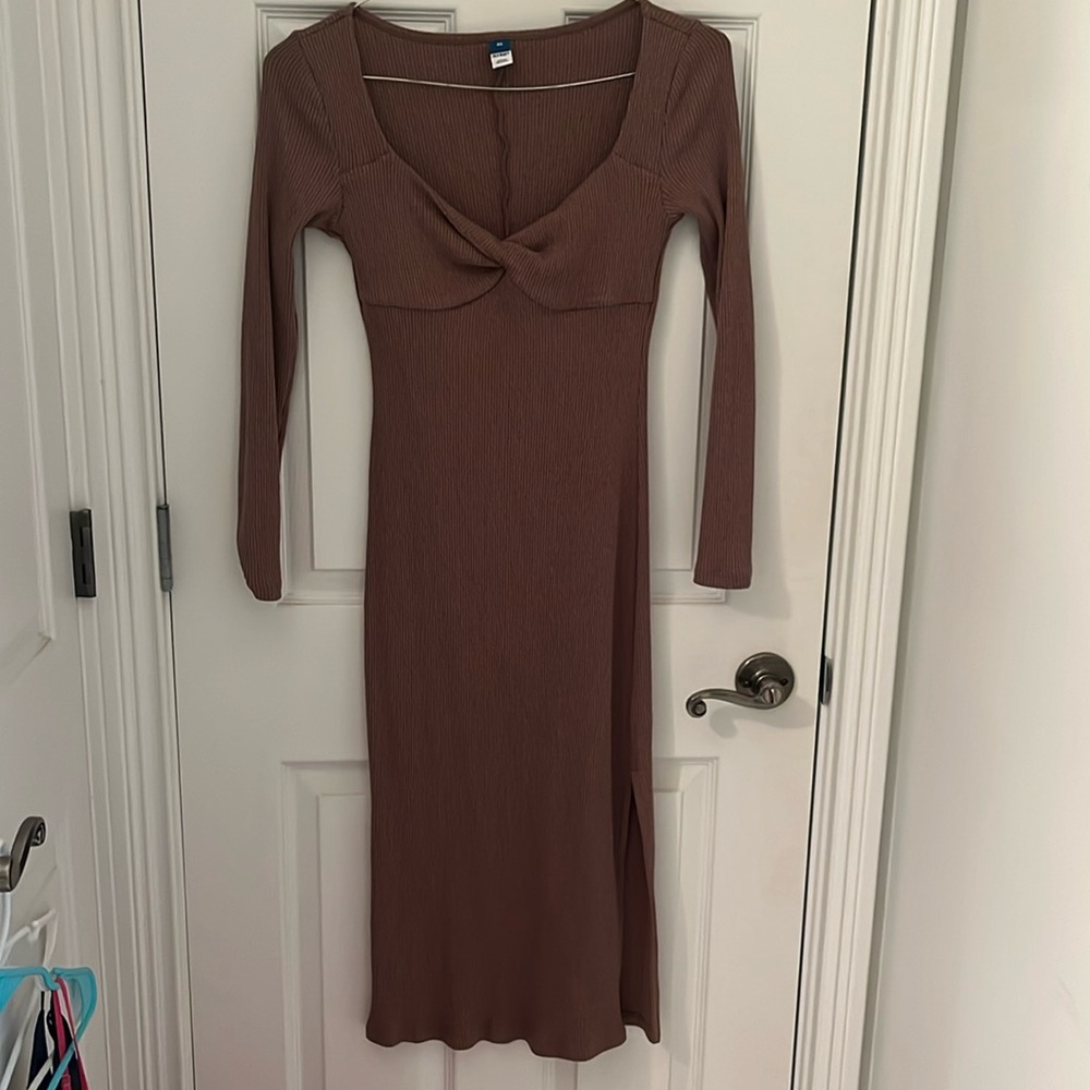 Light brown midi sweater dress fitted with slit at bottom